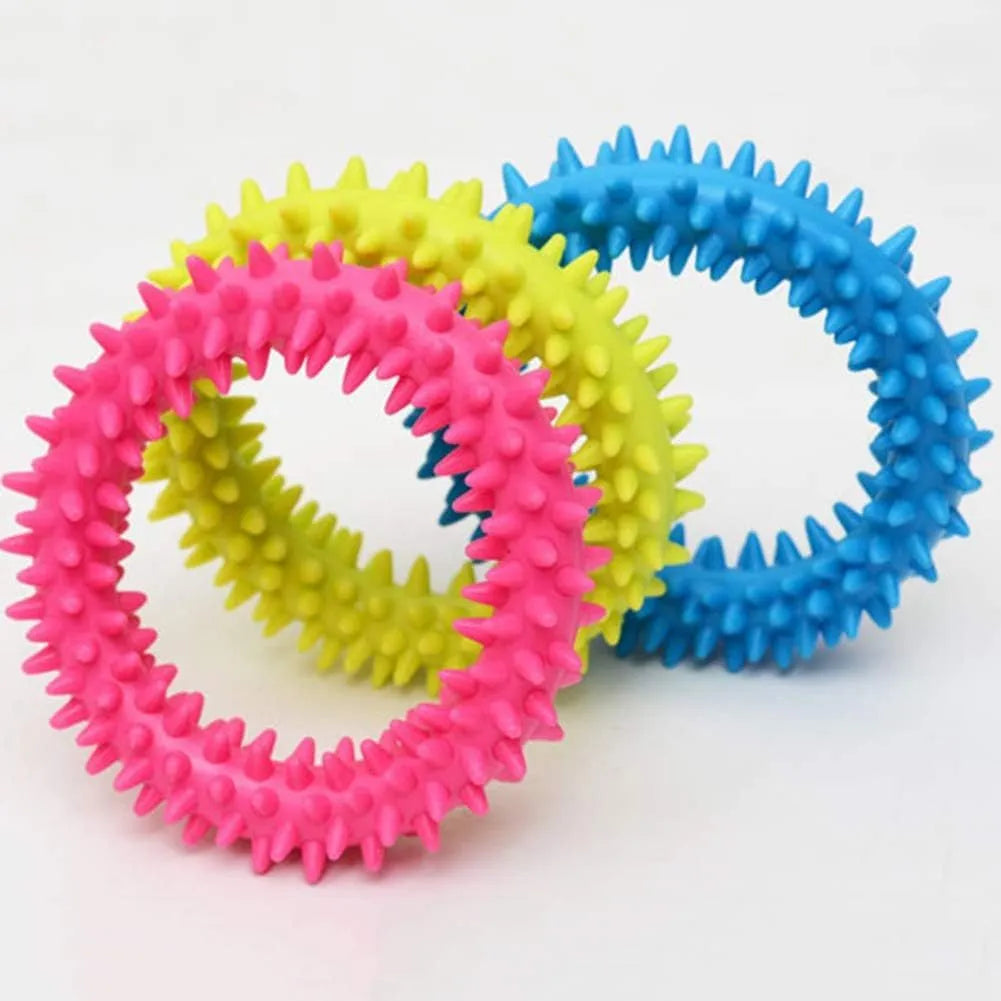 Blue spiky circle ring dog chew toy made from TPR for dental cleaning and bite training