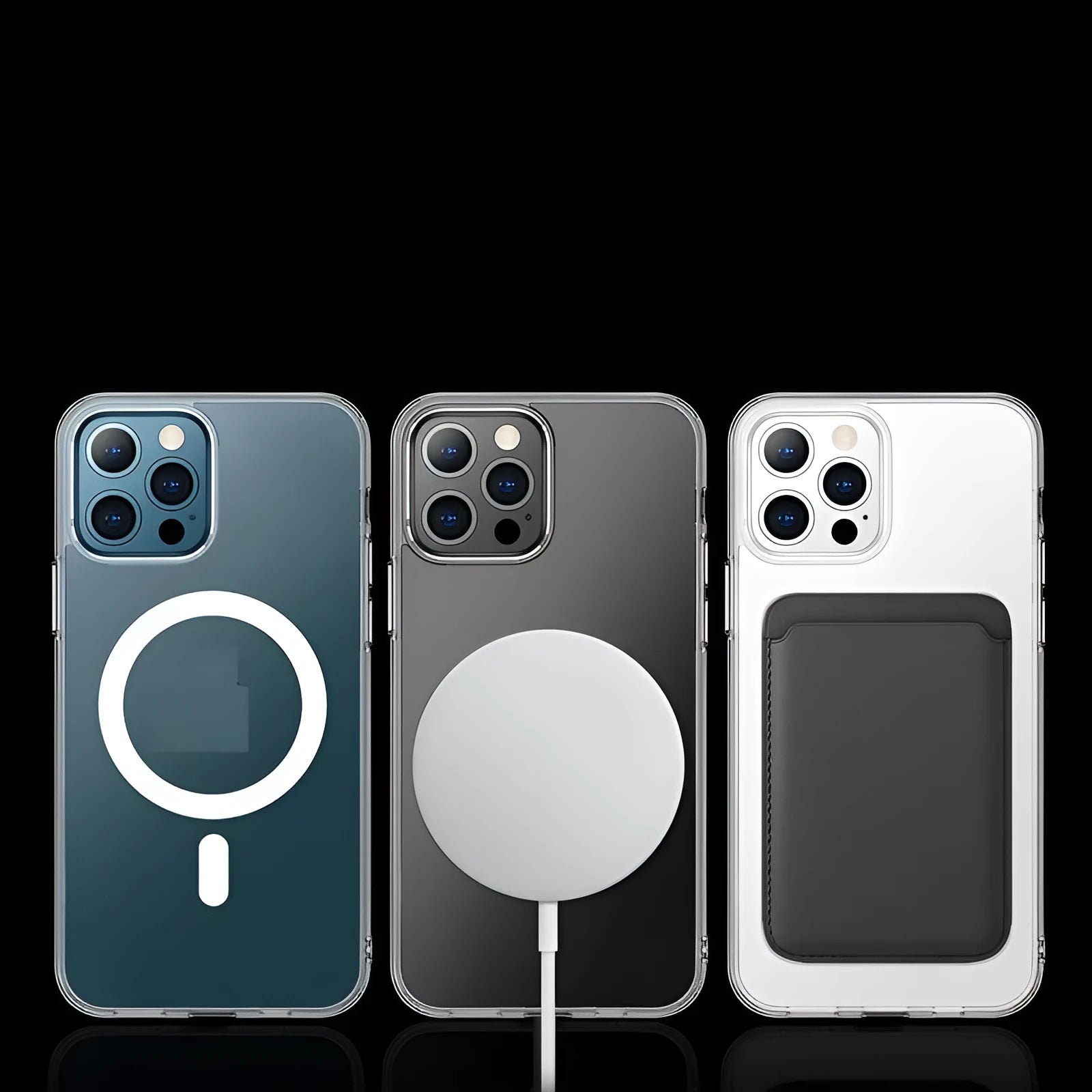 Clear magnetic hard case for iPhone showing integrated metal ring on transparent back