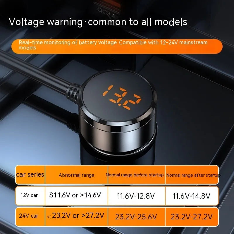 C28 black car cigarette lighter charger with USB 3.0 and PD ports showing 116mm body