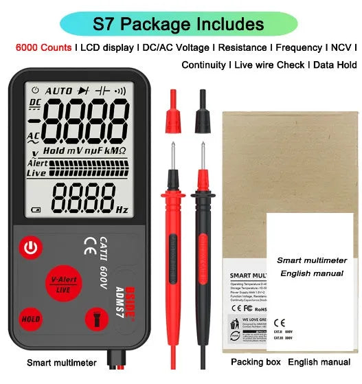 Intelligent large screen fully automatic ultra-thin digital multimeter card type 600V AC 6000 counts 14cm x 7cm x 1.5cm