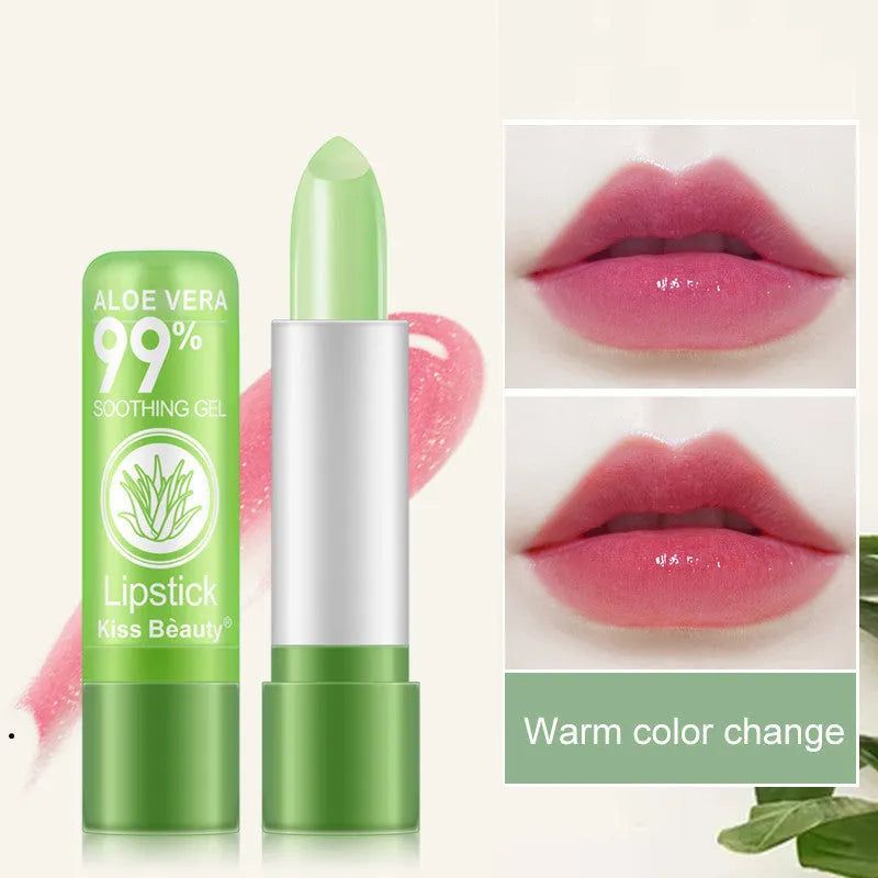 Aloe vera color changing lip balm stick in green, 3.5g compact size 2x2x7.5cm, temperature reactive formula