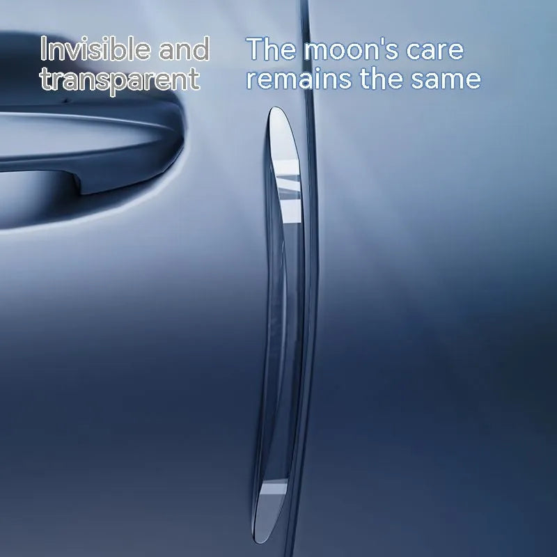 Four invisible car door bumper strips in transparent, black, and white, each 148mm x 14mm x 7mm, for universal car door edge protection.