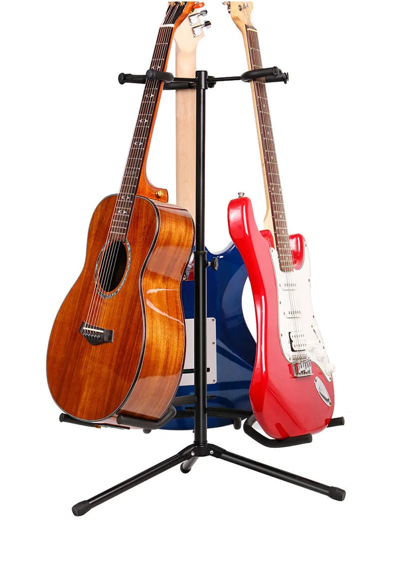 Black iron vertical double-headed guitar stand holding two guitars