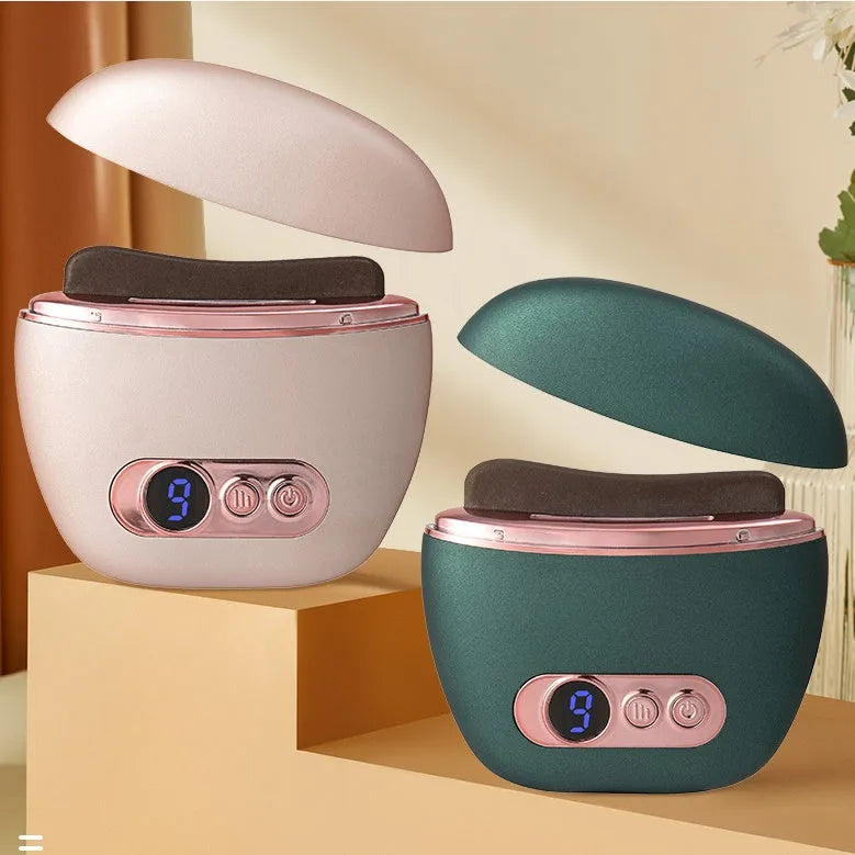 Smart meridian face massager with stone scraping plate, constant temperature heat, rechargeable ABS body, ivory white pink dark green