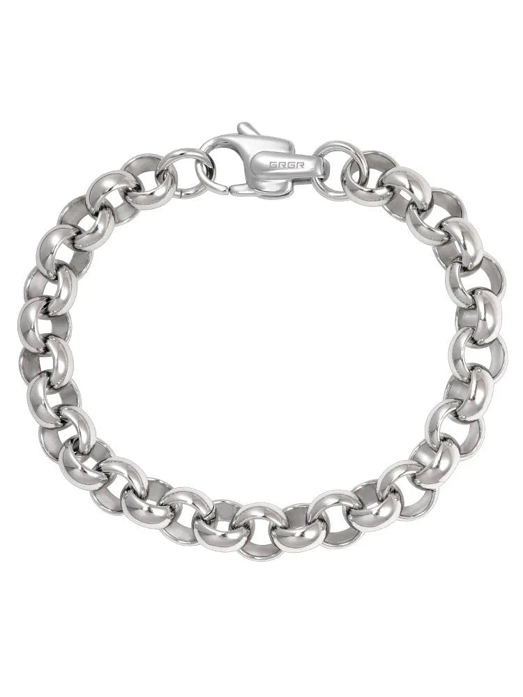 Silver titanium steel bracelet with diamond pattern and O-ring closure on a white background