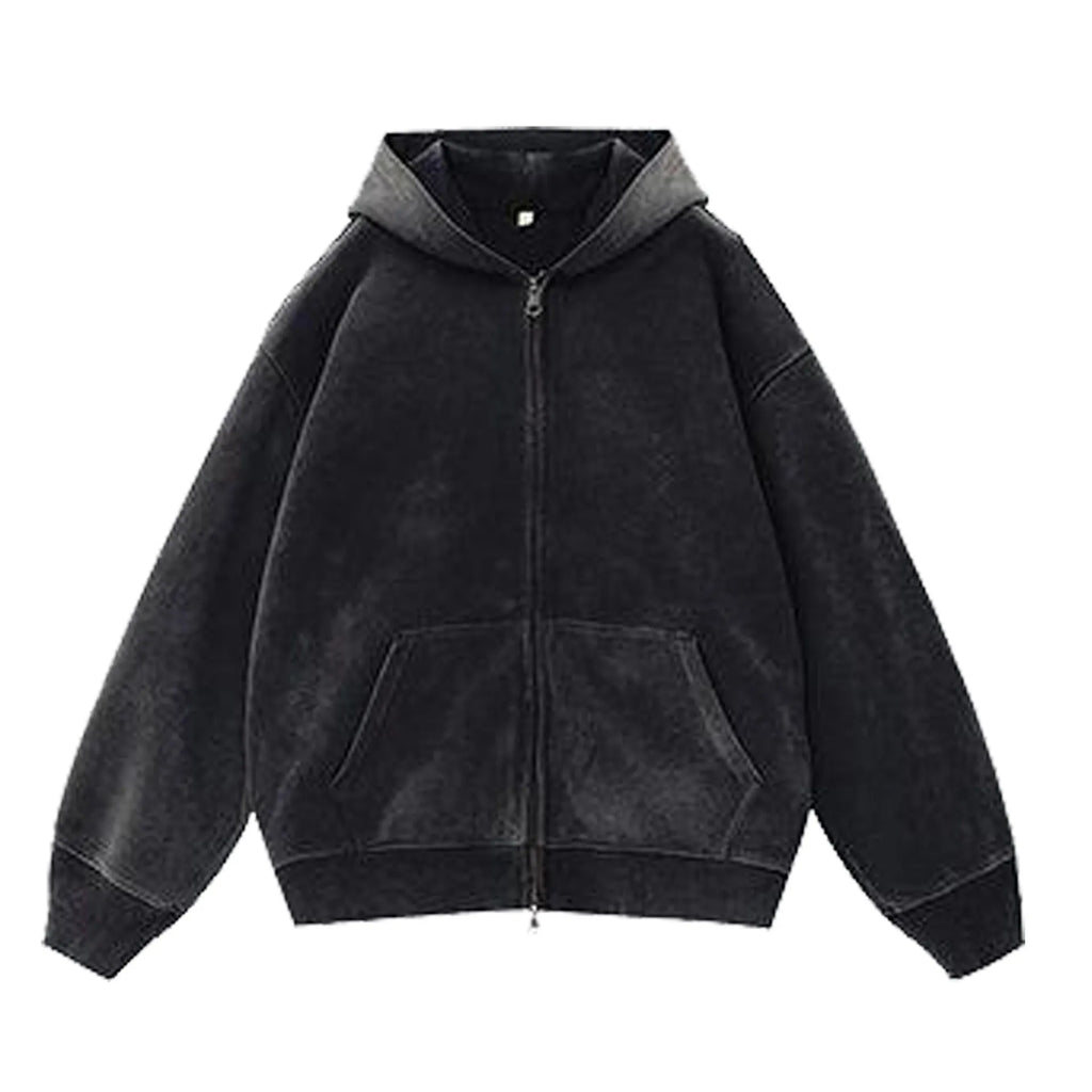 A women's loose-fit hooded cardigan sweater in a distressed colour, showing patch pockets and drop-shoulder sleeves.