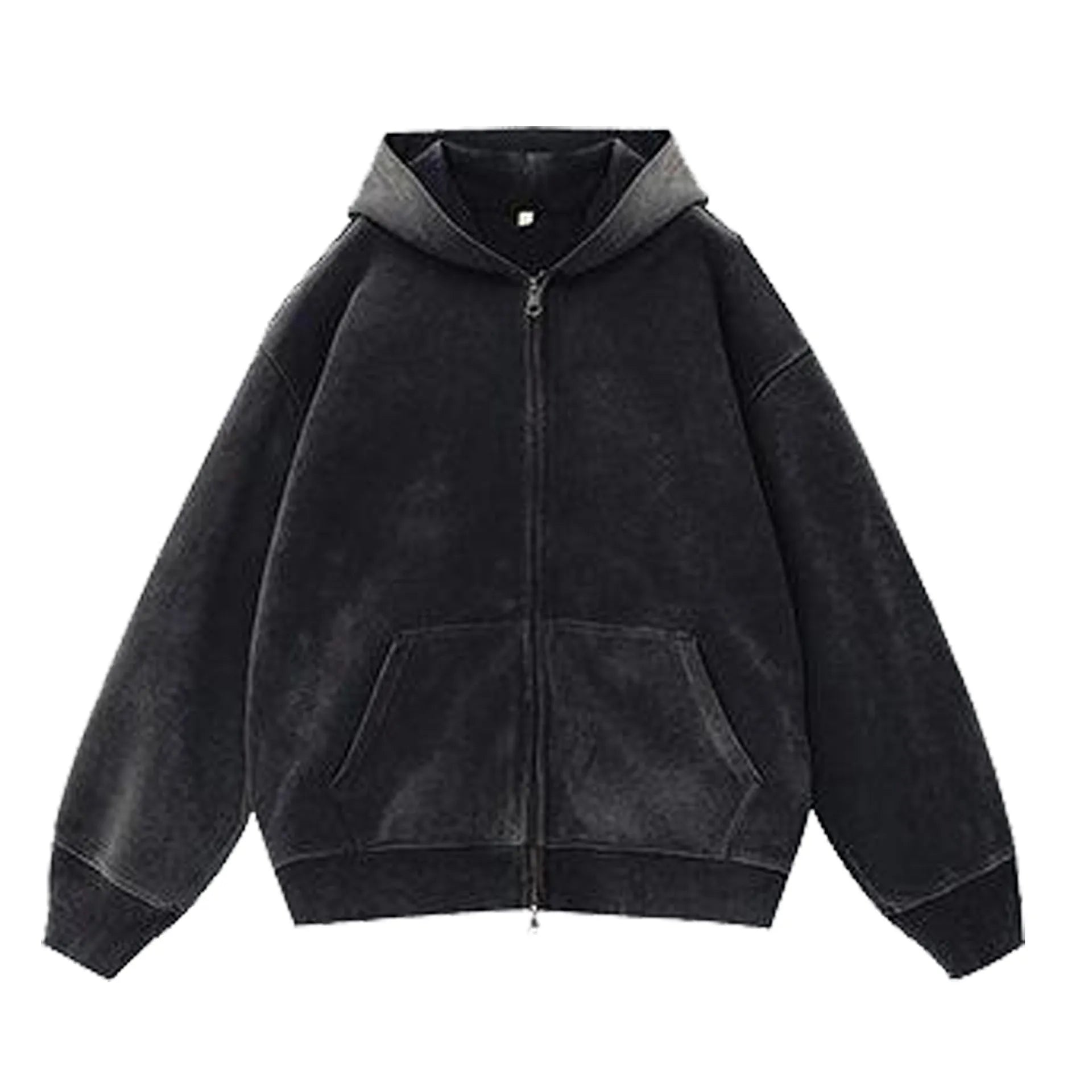 A women's loose-fit hooded cardigan sweater in a distressed colour, showing patch pockets and drop-shoulder sleeves.