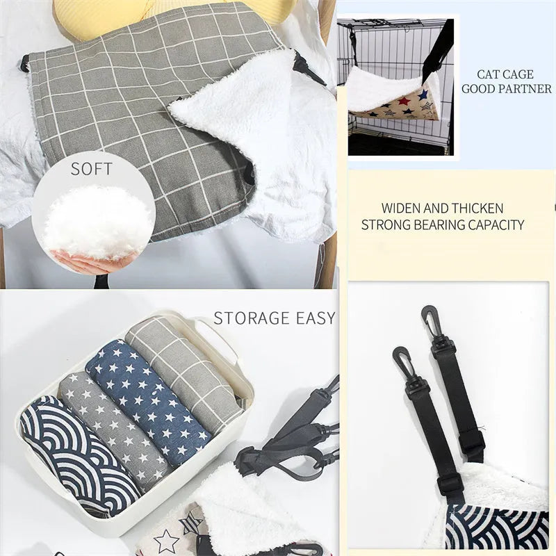 Cloth hanging cat bed with adjustable straps in a pet cage, available in sizes 27x27cm to 57x47cm and multiple patterns