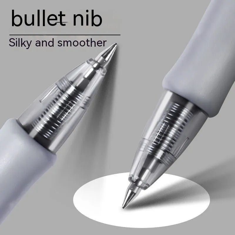 A single neutral-coloured gel pen with a 0.5mm tip, shown with options for black, blue, and red ink.