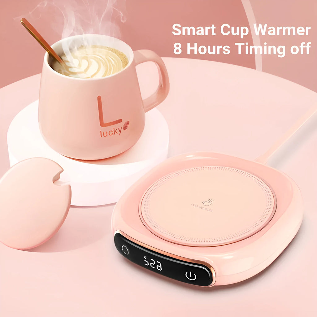 White USB coffee mug warmer heating pad on a wooden desk