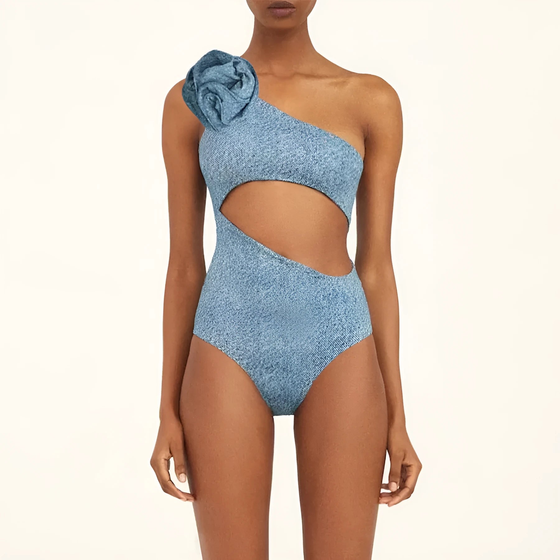 Women's floral embroidered one-shoulder swimsuit with cowboy siamese styling in soft nylon fabric