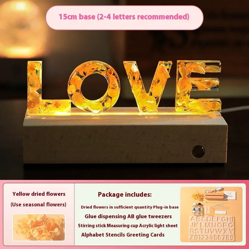 Letter small night lamp DIY kit with dried flowers, glue, tweezers, and mold in multiple colours