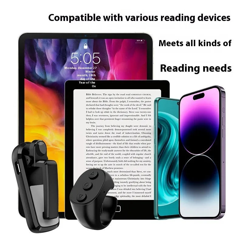 Smart wireless page turner remote control with clicker attachment for Kindle and tablet reading