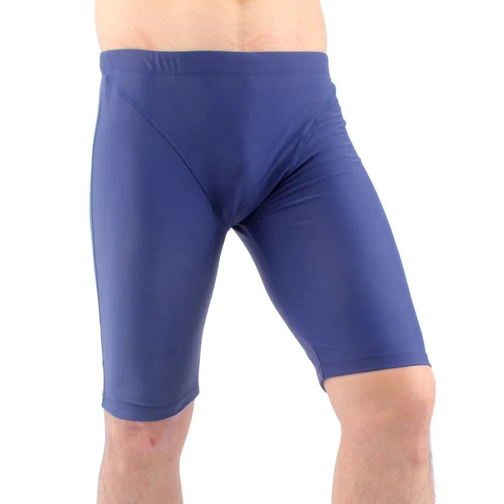 Men's green and navy blue quick-drying nylon swimming trunks with loose anti-embarrassment design