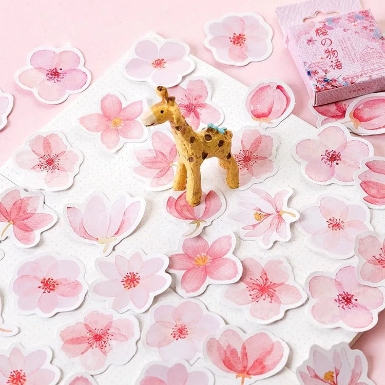 Sakura Story romantic sticker DIY material, 45 self-adhesive paper sheets in pink watercolor design
