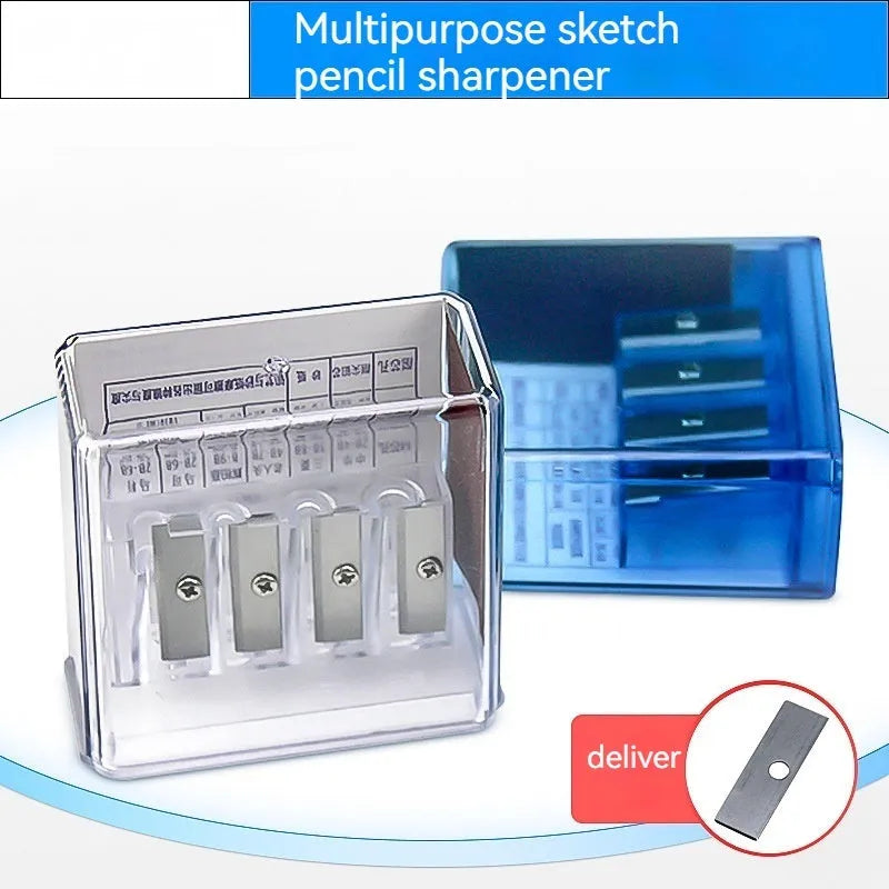 Geometric-shaped plastic pencil sharpener with four sharpening holes and an integrated screwdriver.