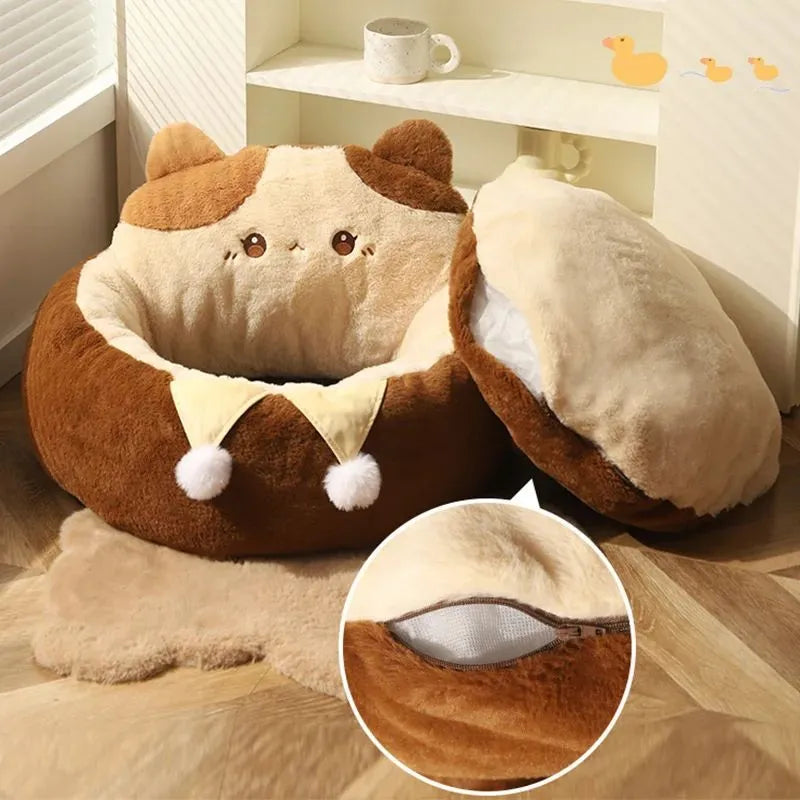 A round grey pet bed for cats and dogs on a wooden floor.