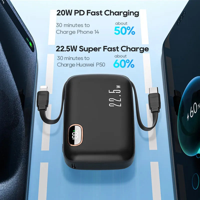 PD22.5W fast charging power bank with digital display, 10000mAh, black plastic shell, includes cable