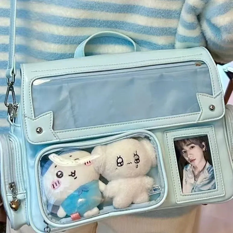 Hidden light plate cartoon crossbody bag in pink PU with stitching and lock, for leisure travel