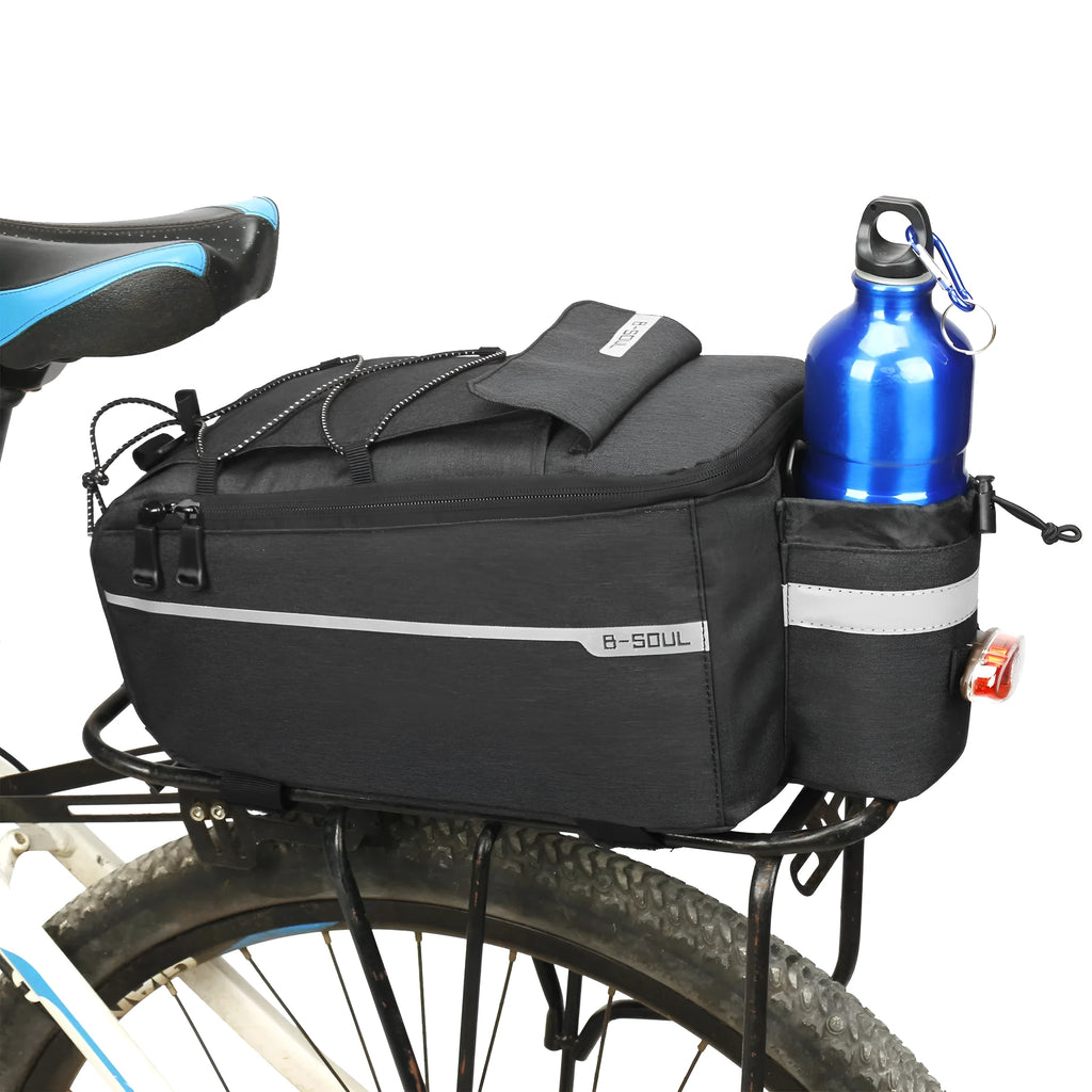 Black rear seat bag attached to mountain bike rear rack, 10L polyester pannier
