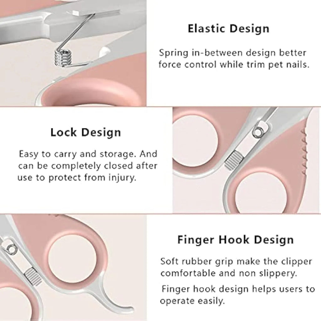 Grey and pink cat nail clippers with angled blade design and safety lock for small pet grooming