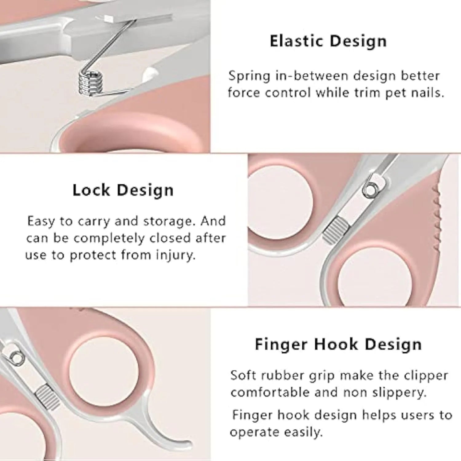 Grey and pink cat nail clippers with angled blade design and safety lock for small pet grooming