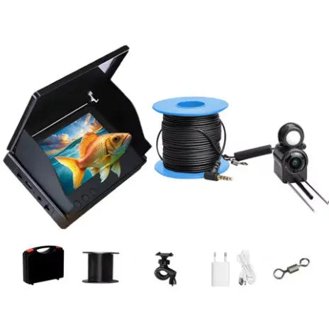 Underwater fish finder camera with 4.3-inch display screen and separate camera unit on a long cable.