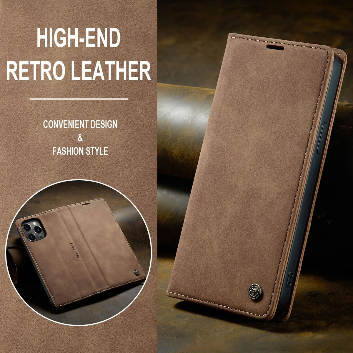 Mobile phone holster flip cover in black, clamshell design, PU+TPU material, compatible with iPhone models.