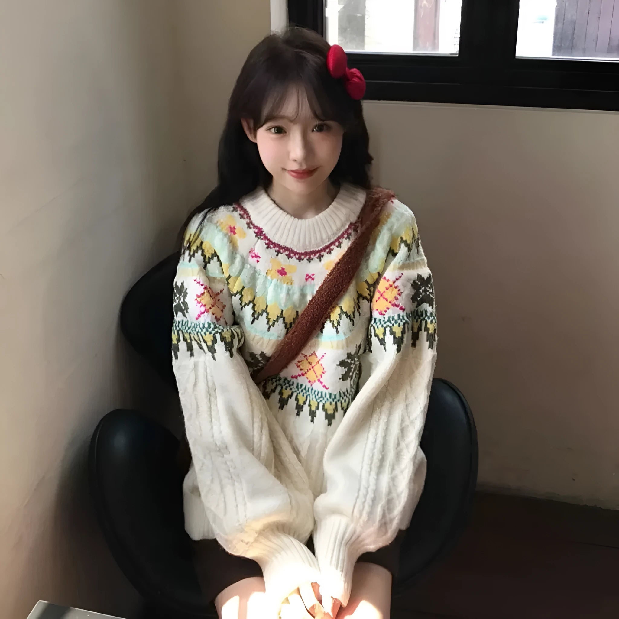 Women's milky white lantern sleeve pullover knitwear with loose Mori style