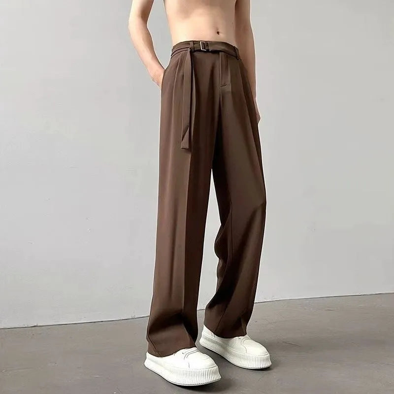 Thin straight black wide leg trousers with non-ironing chemical fibre blend fabric