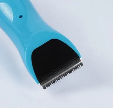 DC rechargeable pet hair clipper with orange and blue options, stainless steel blade, and four limit combs on charging stand