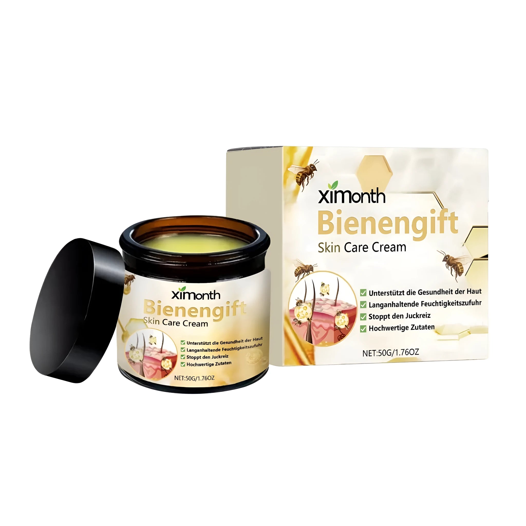 50g container of botanical skin care cream with mint leaves, bee venom and tea tree oil