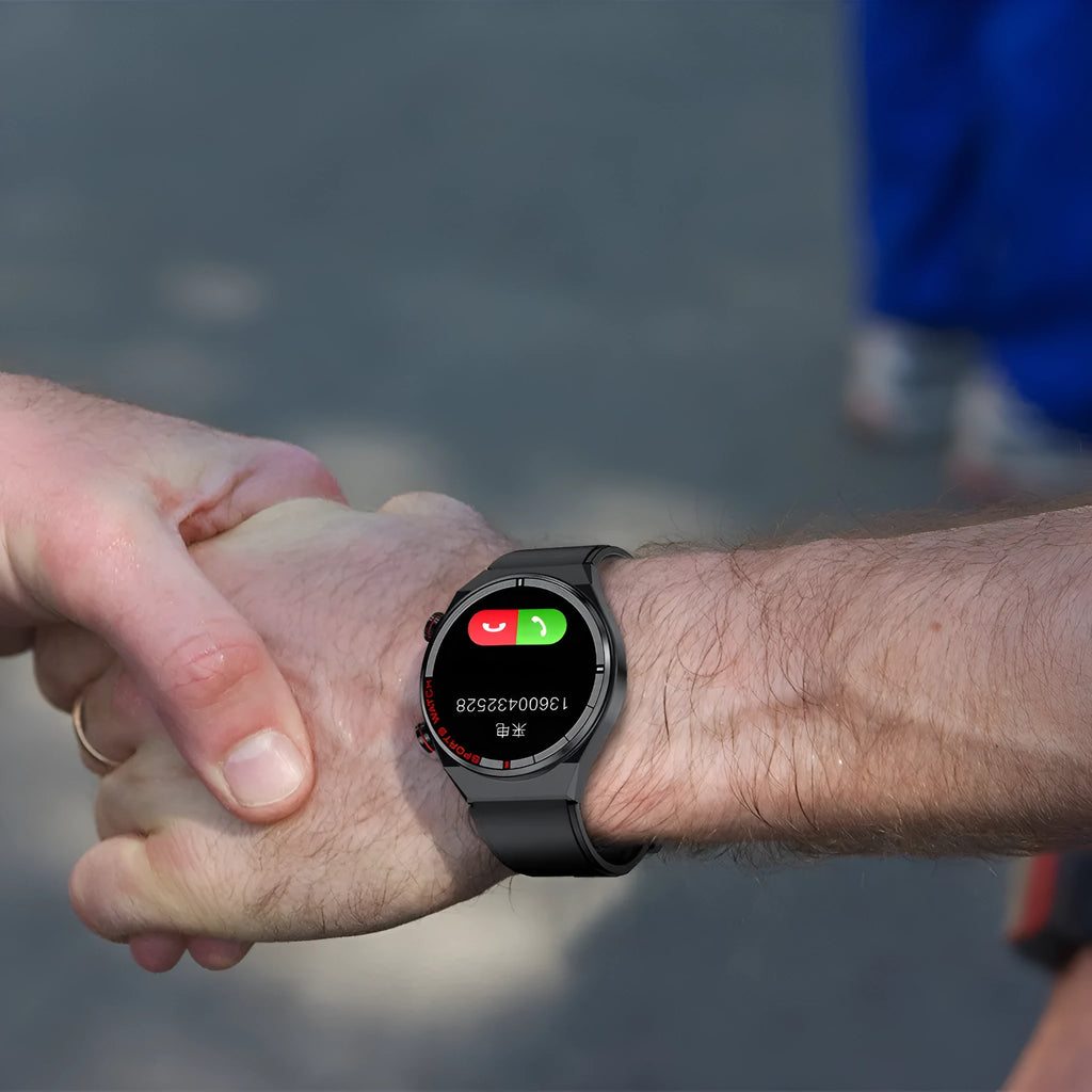 Smartwatch with rotary dial, black leather strap, and 1.3-inch screen displaying health stats.