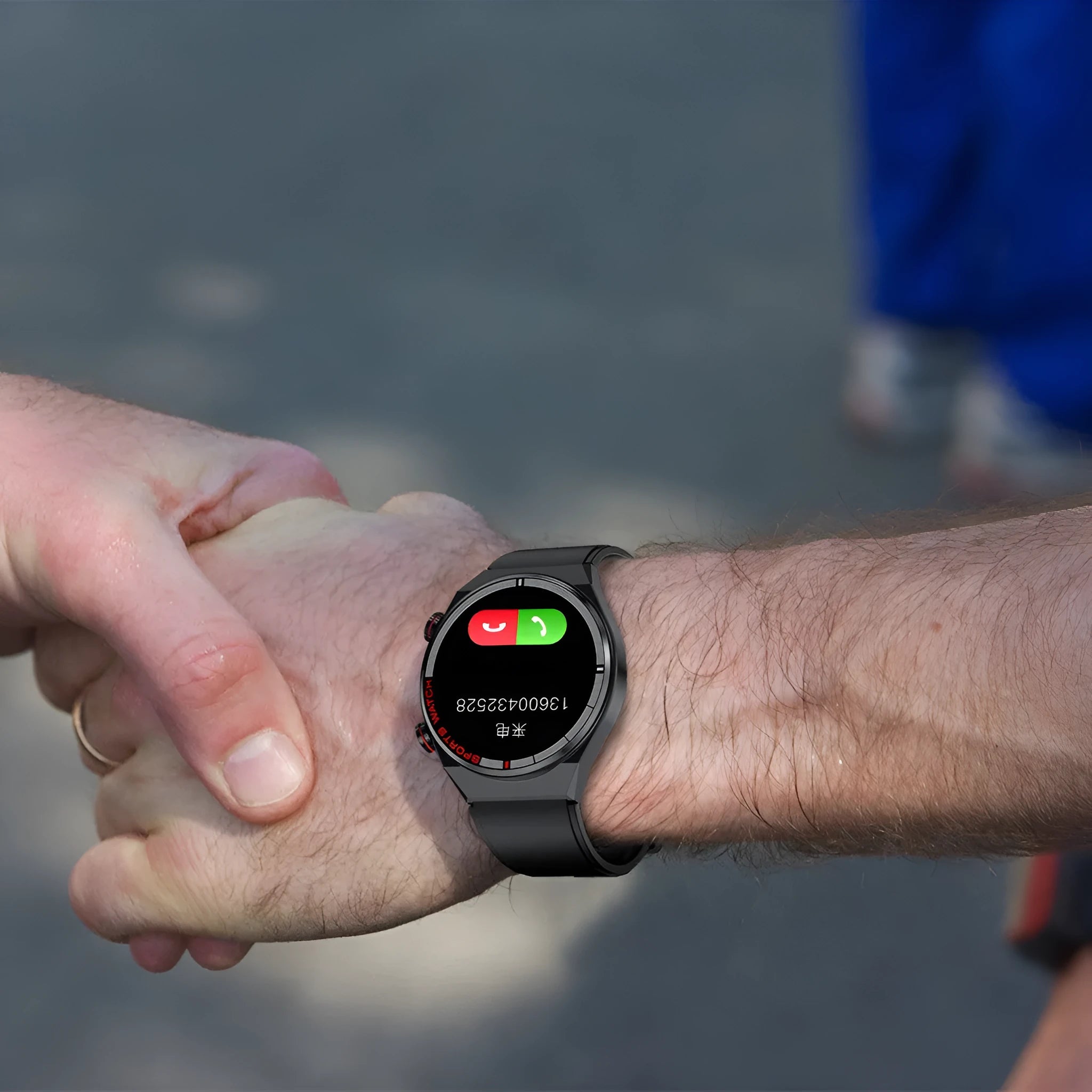 Smartwatch with rotary dial, black leather strap, and 1.3-inch screen displaying health stats.