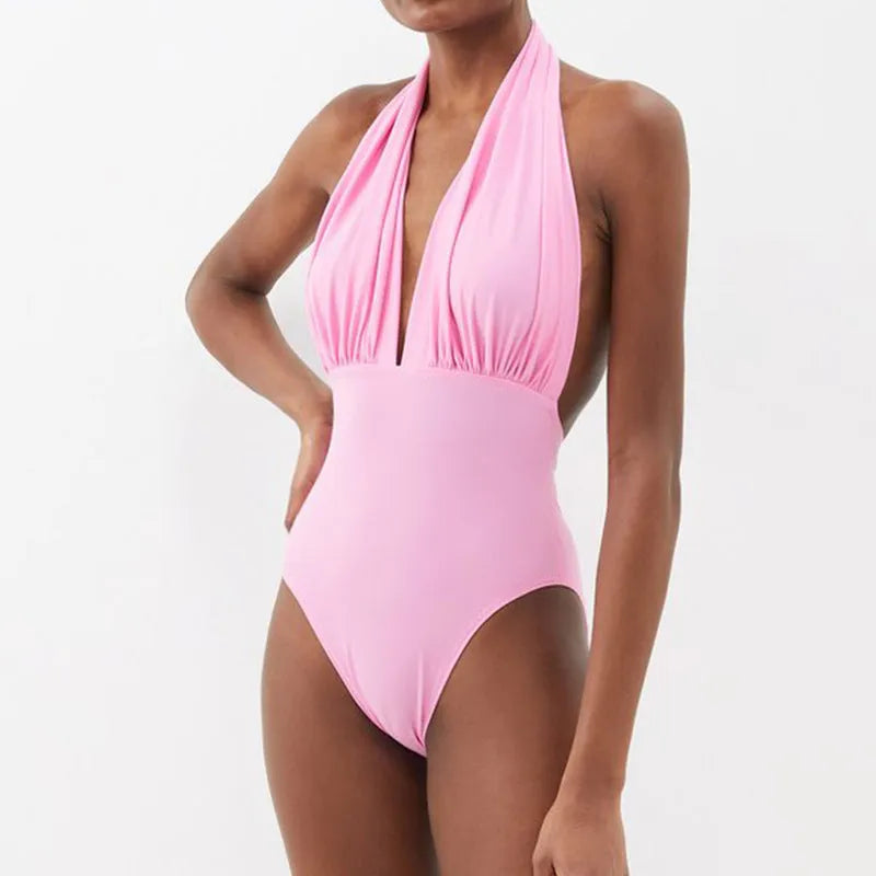 Floral print backless halter one-piece swimsuit with deep V neckline for adult women