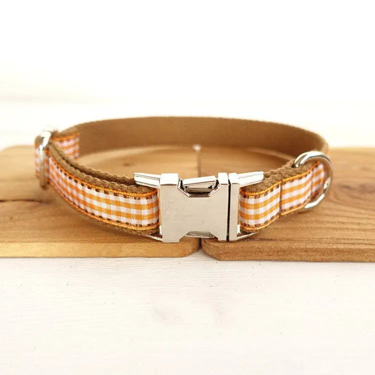 Brown small plaid polyester dog collar with British style pattern on white background