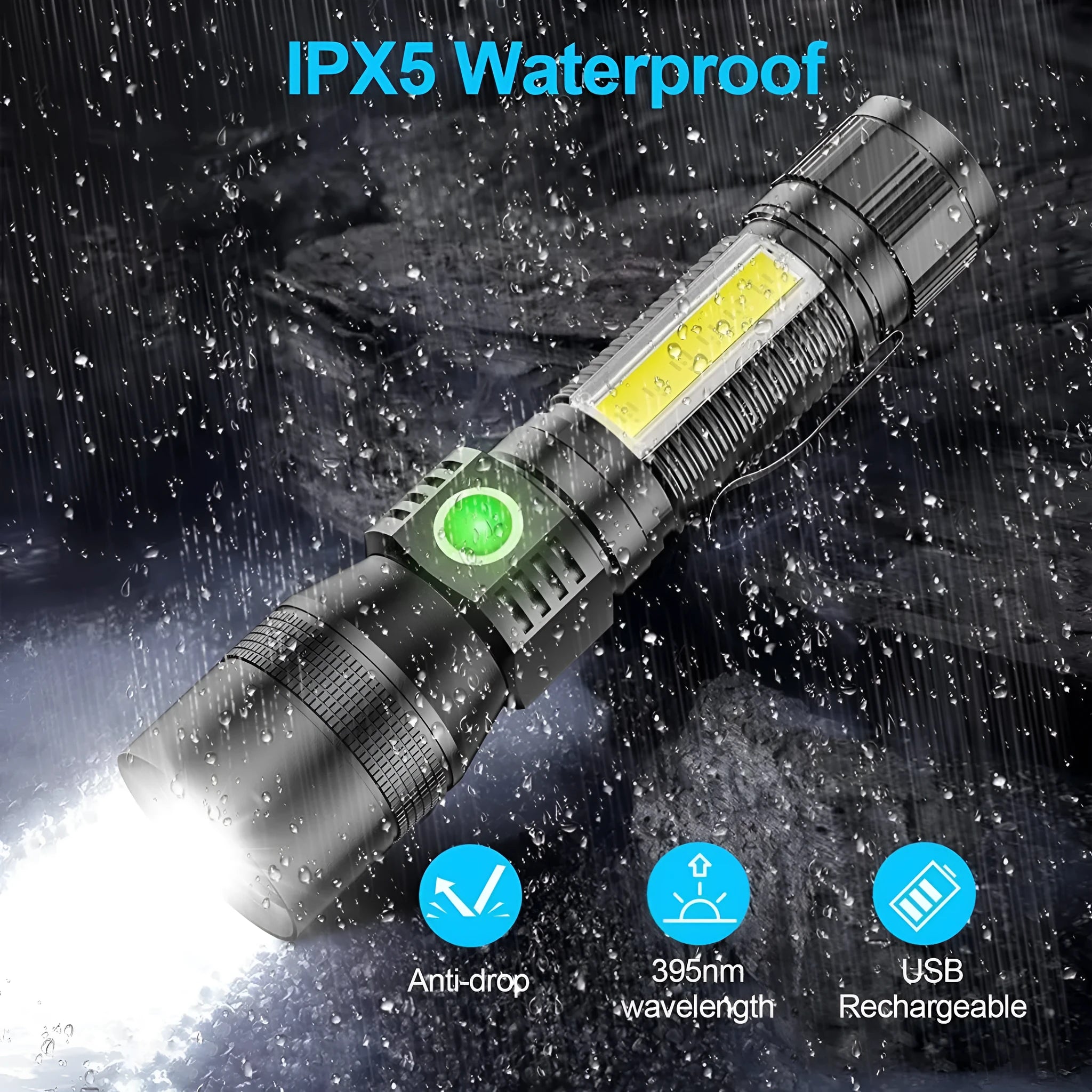 Aluminium alloy multifunctional magnet USB rechargeable flashlight with 10W strong focus beam and 2000mAh battery on white background