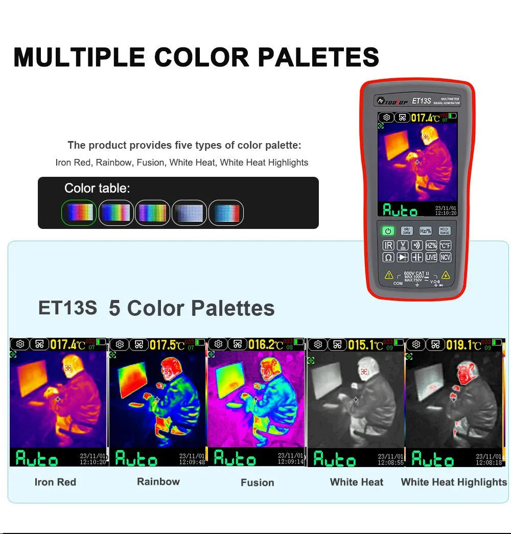 ET13S thermal imaging multimeter showing 2.8-inch colour touch screen displaying a thermal image and multimeter readings.
