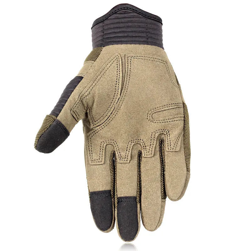 Touch screen tactical full finger motorbike gloves in knitted fabric, shown in black, grey-brown and army green.
