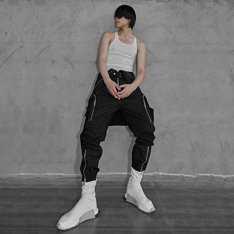 Black loose cotton cargo jumpsuit for men, mid-waist, multiple pockets, sizes 46-50
