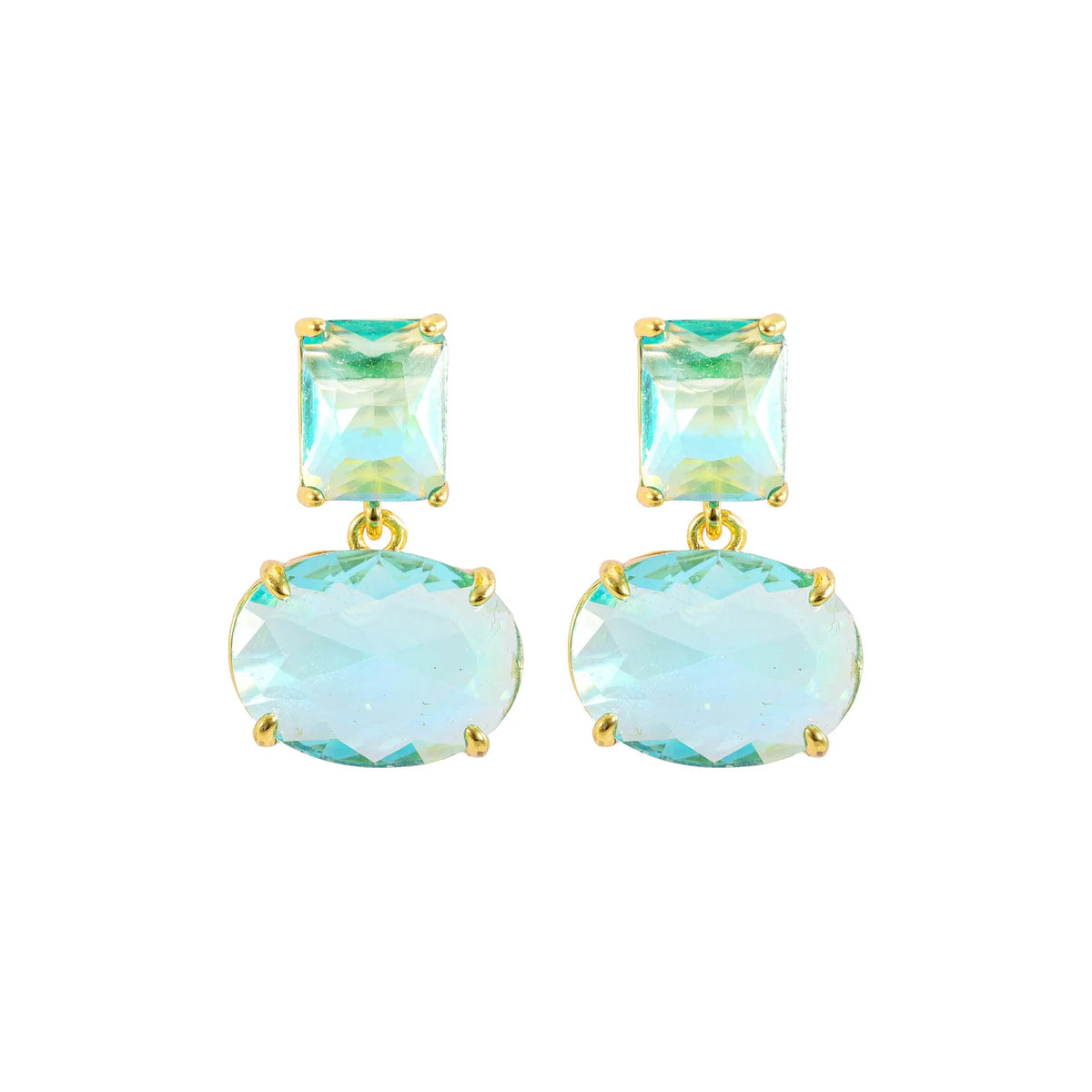 Pair of geometric earrings with gold plated copper base and golden blue glass pendant in ellipse shape on white background