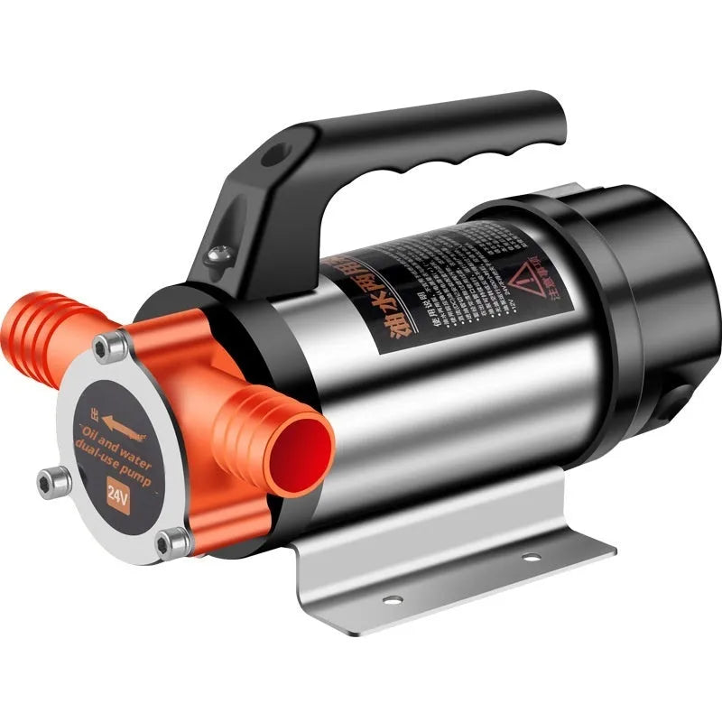 24V DC dual-use oil water pump with stainless steel body on white background
