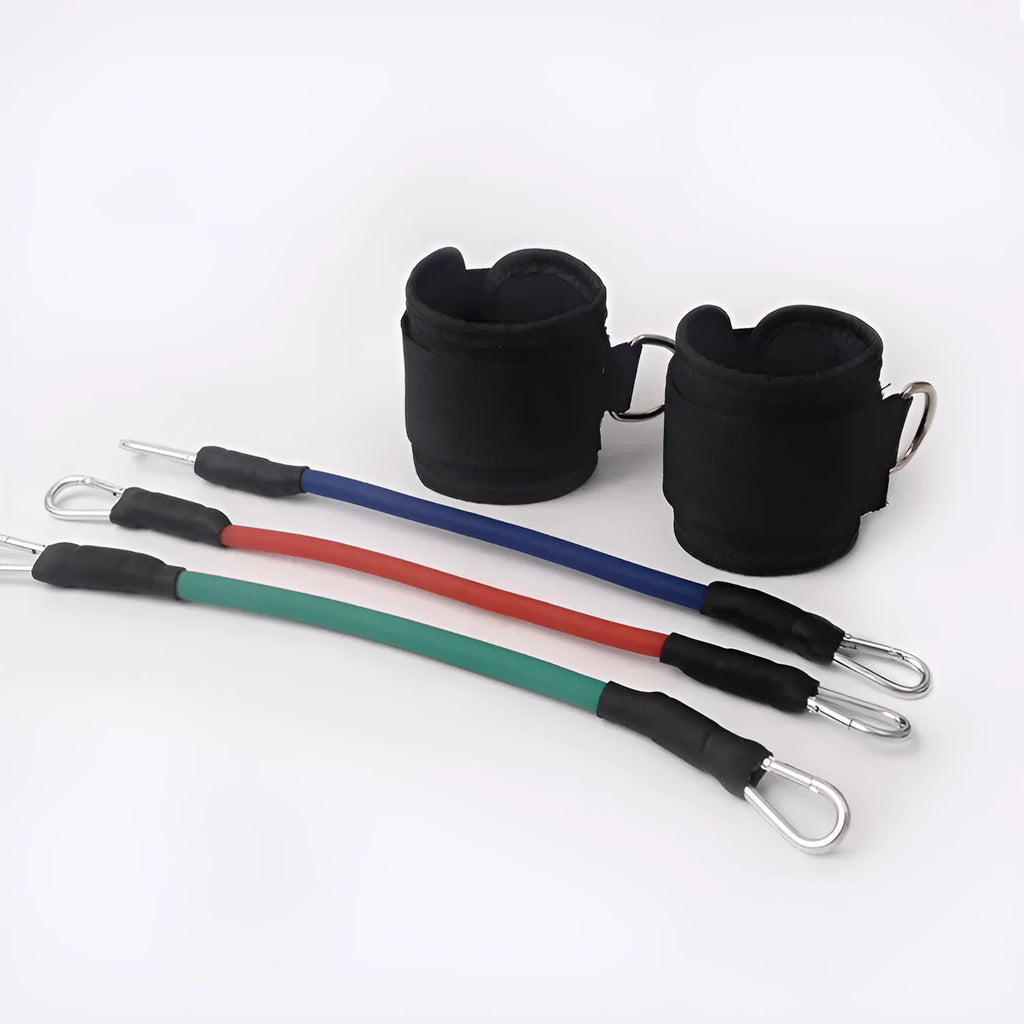 Black taekwondo leg pull rope training set for explosive force development.