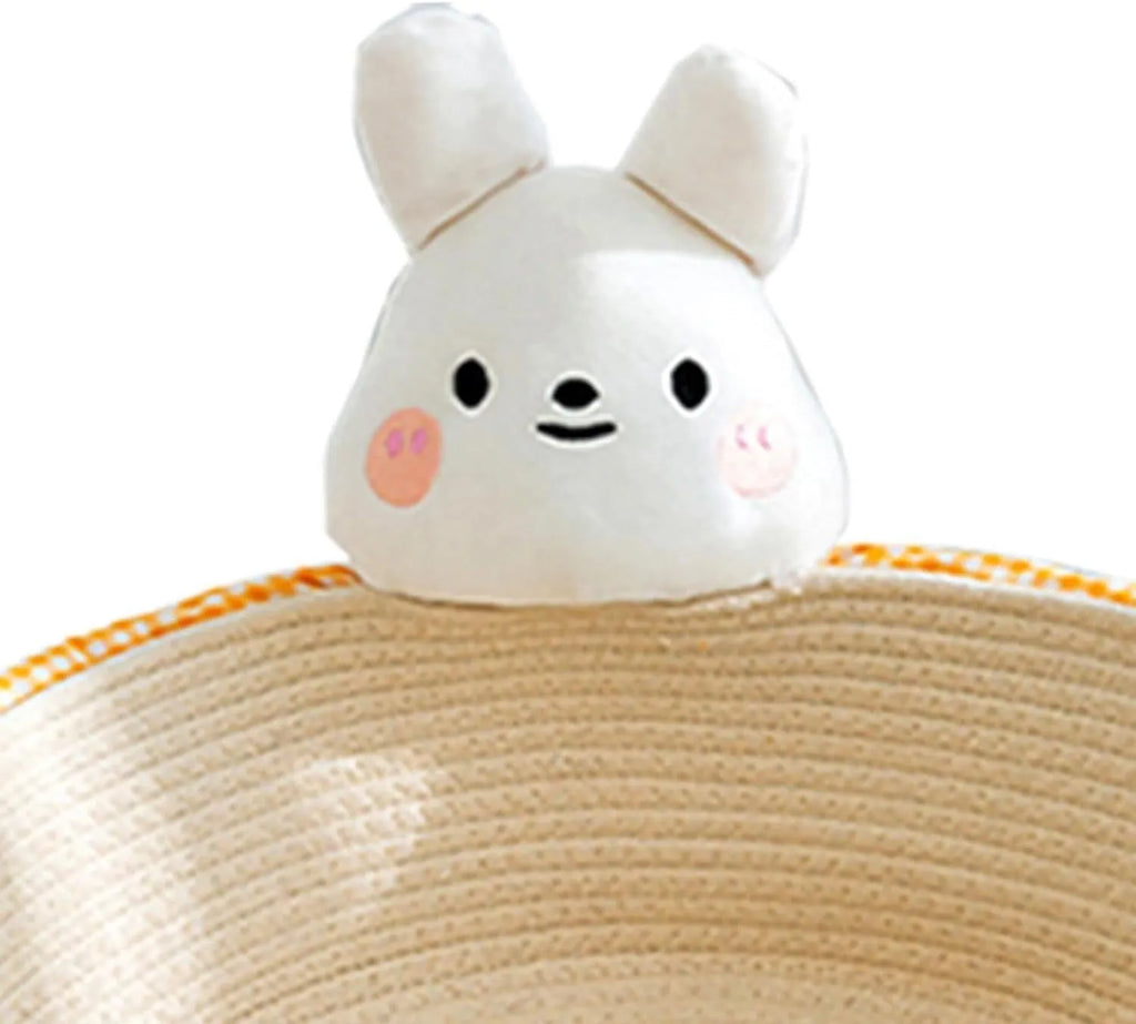 Woven cotton rope cat bed with scratching surface, shown with bear decoration in medium size.
