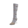 Women's knee-high high-heel boots in black or grey with a 9cm heel and velvet lining.