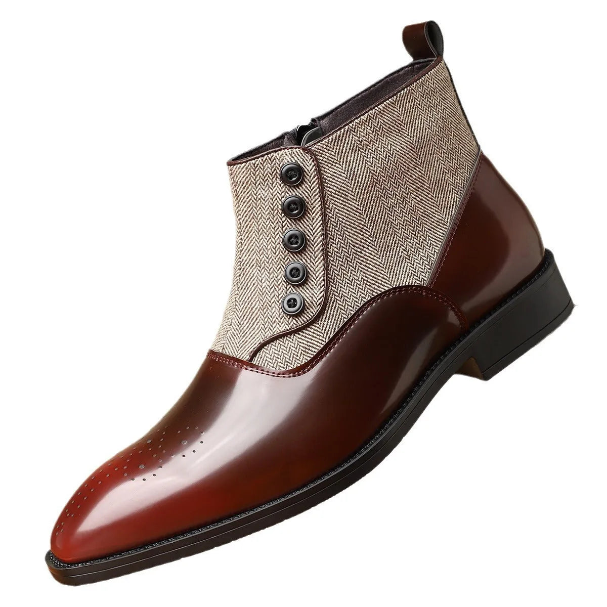 Brown retro men's formal shoes with side zip, square toe, and a low square heel on a plain background.