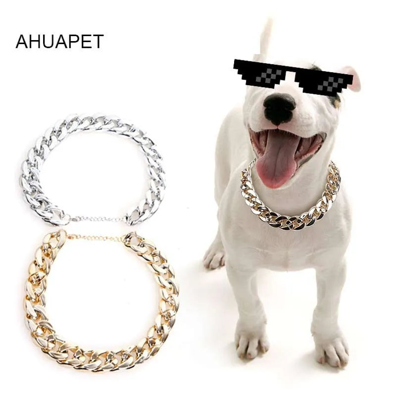 Gold colour dog collar with chain buckle and geometric design for small to medium sized pets