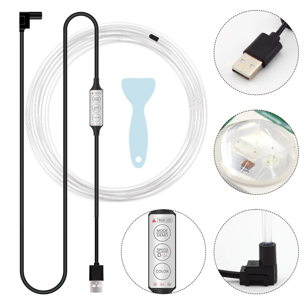 RGB car interior LED light strip with manual controller showing colour changing effects