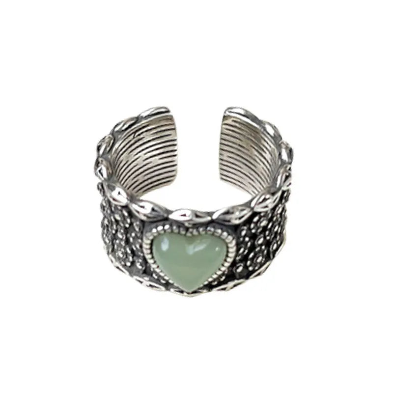 Adjustable opening retro moon heart ring in white copper plated silver