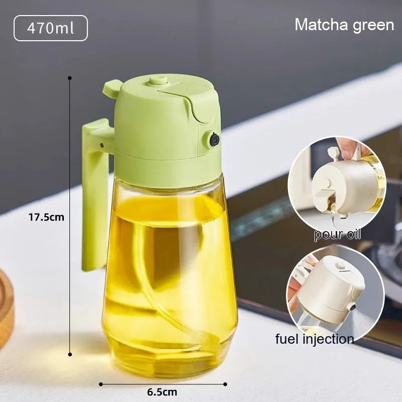 Glass olive oil sprayer dispenser with 470ml capacity and dual spray/pour function